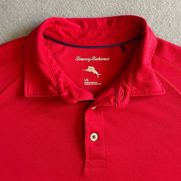 Tommy Bahama Men’s Red Polo Shirt Size Large – Rayon/Polyester Blend - Picture 2 of 7